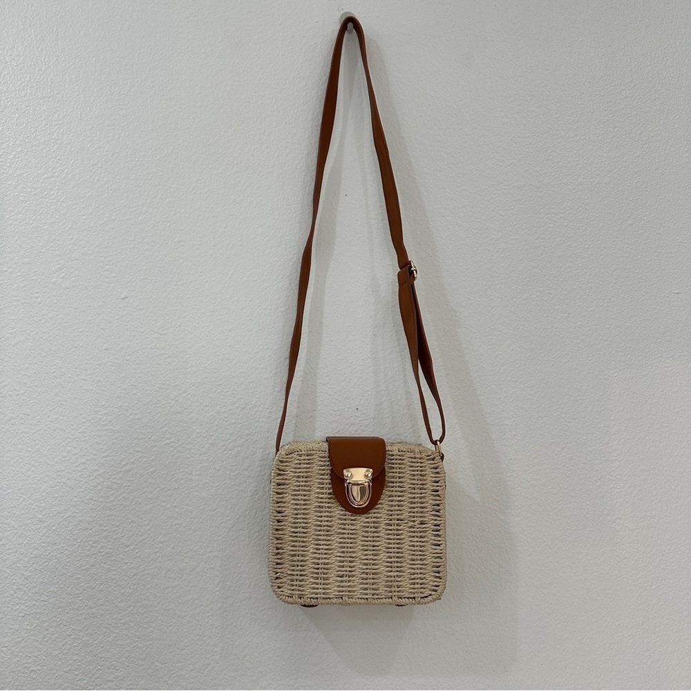 Rattan Woven Retro Square Crossbody Bag Boho Faux Leather Strap